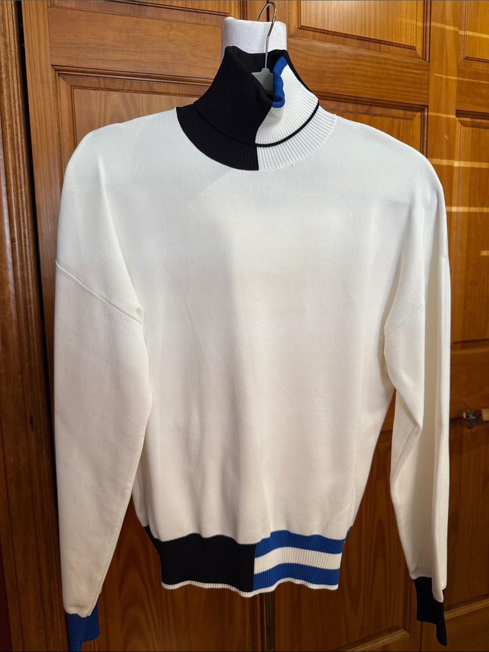 Women’s White Turtleneck Sweater with Black and Blue Trim